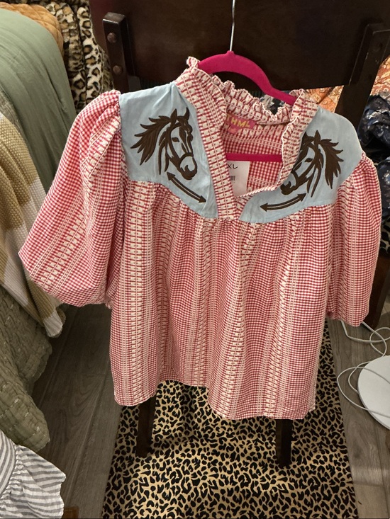 THML Other - THML Red Gingham Peasant Top with Light Blue Yoke and Horse Motif
